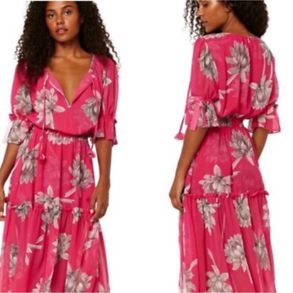 Misa Los Angeles Dresses & Skirts - MISA Los Angeles Dariya Pink Floral Sheer Midi Dress NWT Tie Neck Boho Small